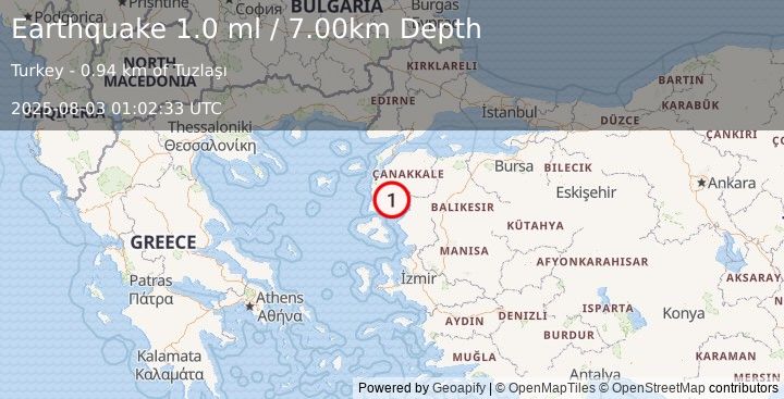 Earthquake NEAR THE COAST OF WESTERN TURKEY (1.0 ml) (2025-08-03 01:02:33 UTC)