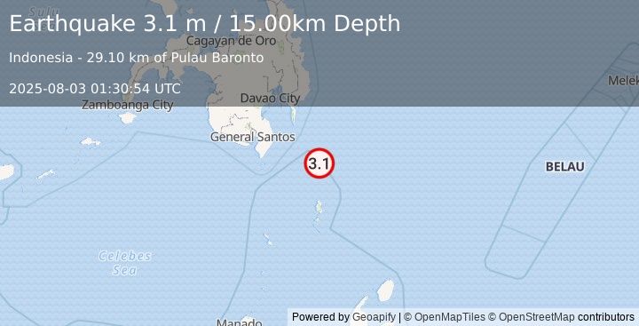 Earthquake MINDANAO, PHILIPPINES (3.1 m) (2025-08-03 01:30:54 UTC)