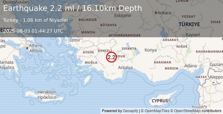 Earthquake WESTERN TURKEY (2.2 ml) (2025-08-03 01:44:27 UTC)