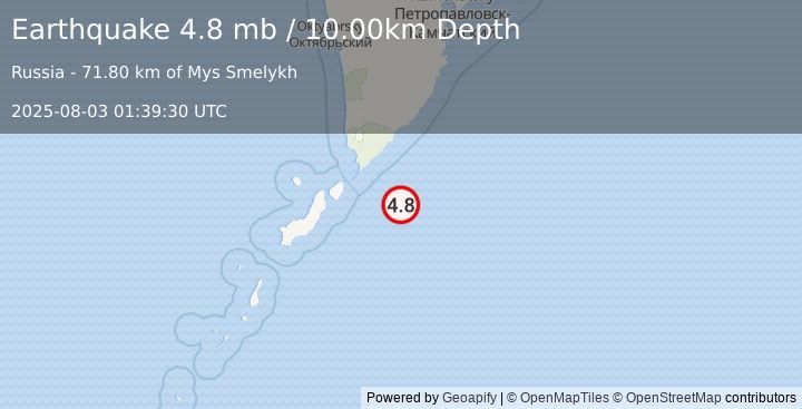 Earthquake KURIL ISLANDS (4.8 mb) (2025-08-03 01:39:30 UTC)