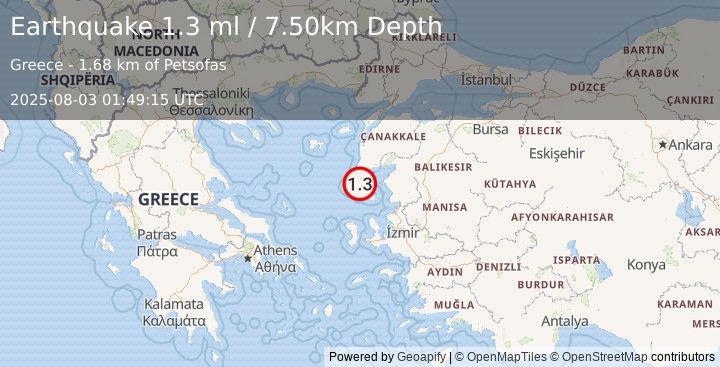 Earthquake NEAR THE COAST OF WESTERN TURKEY (1.3 ml) (2025-08-03 01:49:15 UTC)