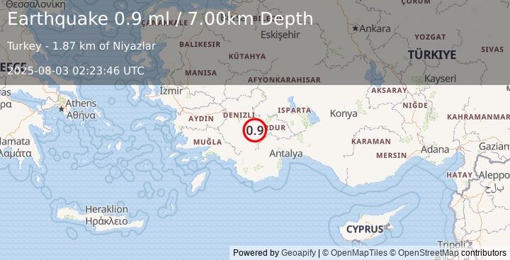Earthquake WESTERN TURKEY (0.9 ml) (2025-08-03 02:23:46 UTC)