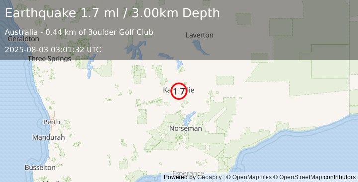 Earthquake WESTERN AUSTRALIA (1.7 ml) (2025-08-03 03:01:32 UTC)