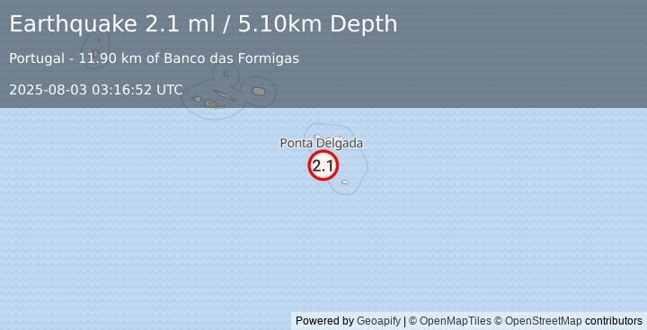 Earthquake AZORES ISLANDS, PORTUGAL (2.1 ml) (2025-08-03 03:16:52 UTC)