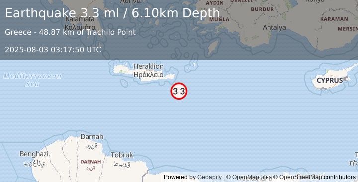 Earthquake CRETE, GREECE (3.3 ml) (2025-08-03 03:17:50 UTC)