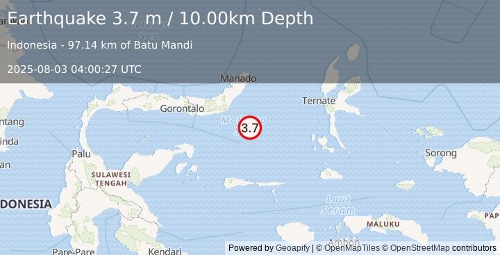 Earthquake MOLUCCA SEA (3.7 m) (2025-08-03 04:00:27 UTC)