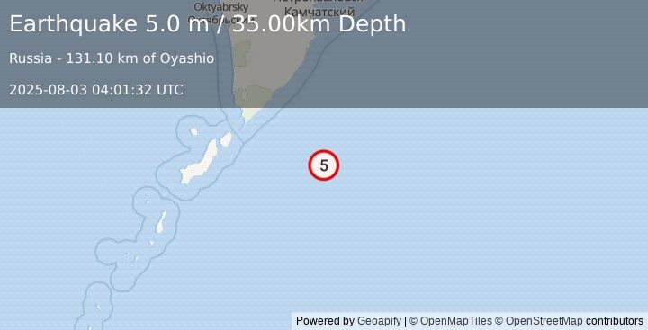 Earthquake EAST OF KURIL ISLANDS (5.1 mb) (2025-08-03 04:01:27 UTC)