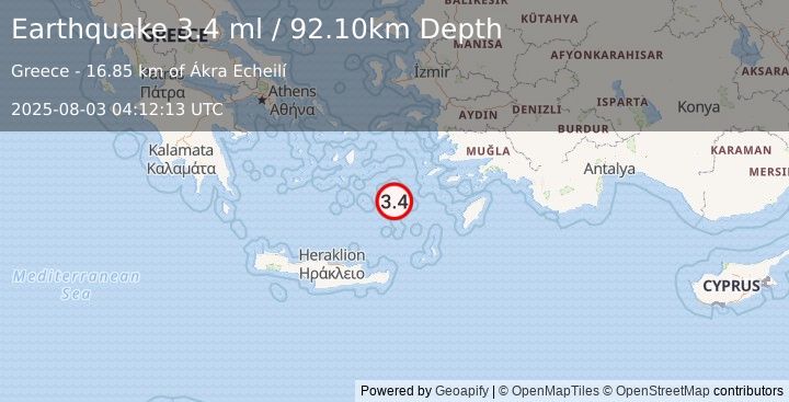 Earthquake DODECANESE ISLANDS, GREECE (3.5 ml) (2025-08-03 04:12:12 UTC)