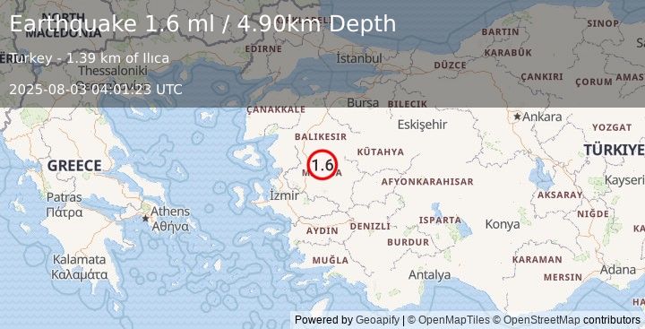 Earthquake WESTERN TURKEY (1.6 ml) (2025-08-03 04:01:23 UTC)
