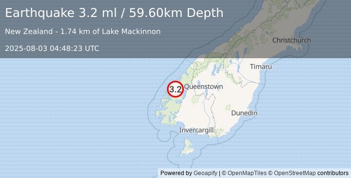 Earthquake SOUTH ISLAND OF NEW ZEALAND (3.2 ml) (2025-08-03 04:48:23 UTC)