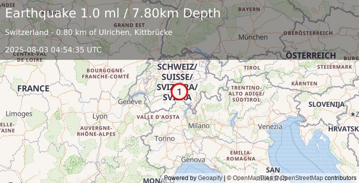 Earthquake SWITZERLAND (1.0 ml) (2025-08-03 04:54:35 UTC)