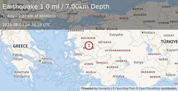 Earthquake WESTERN TURKEY (1.0 ml) (2025-08-03 04:34:59 UTC)