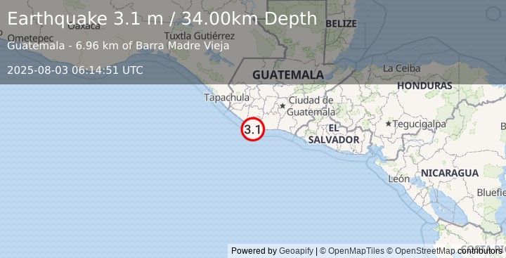 Earthquake OFFSHORE GUATEMALA (3.1 m) (2025-08-03 06:14:51 UTC)