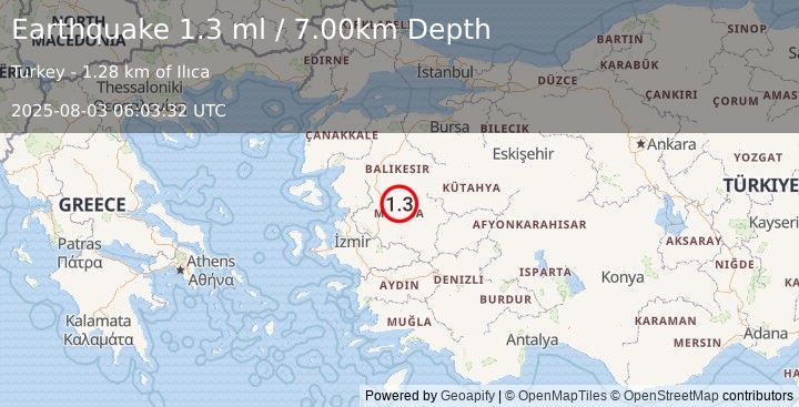 Earthquake WESTERN TURKEY (1.3 ml) (2025-08-03 06:03:32 UTC)