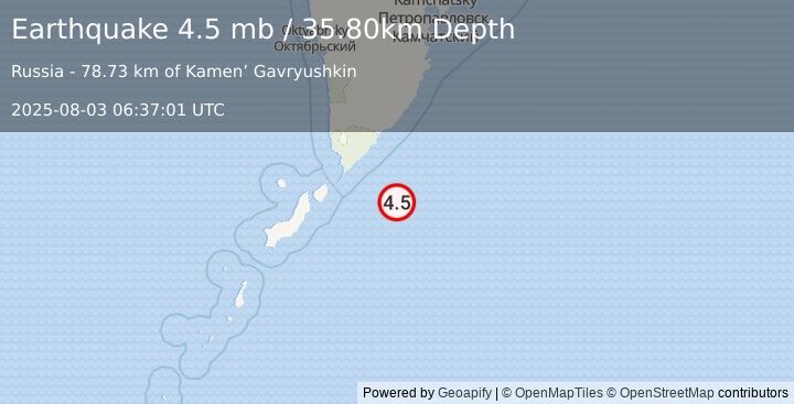 Earthquake KURIL ISLANDS (4.5 mb) (2025-08-03 06:37:01 UTC)