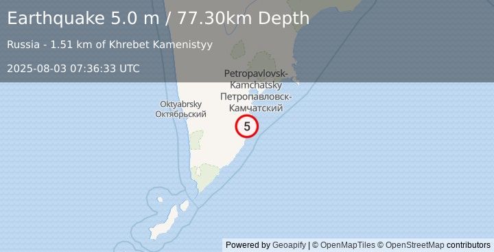 Earthquake OFF EAST COAST OF KAMCHATKA (4.9 mb) (2025-08-03 07:36:22 UTC)