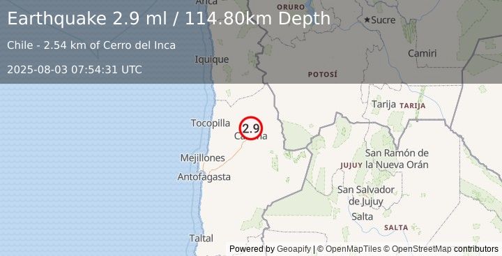 Earthquake ANTOFAGASTA, CHILE (2.9 ml) (2025-08-03 07:54:31 UTC)
