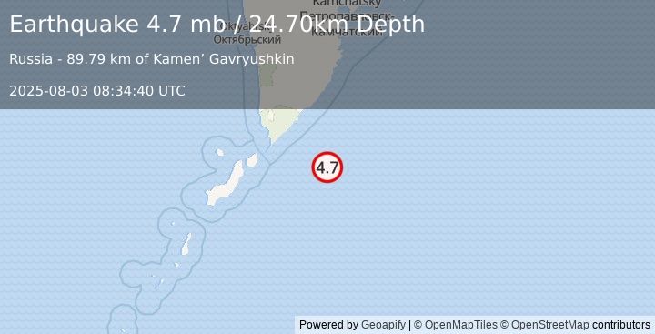 Earthquake EAST OF KURIL ISLANDS (4.7 mb) (2025-08-03 08:34:40 UTC)