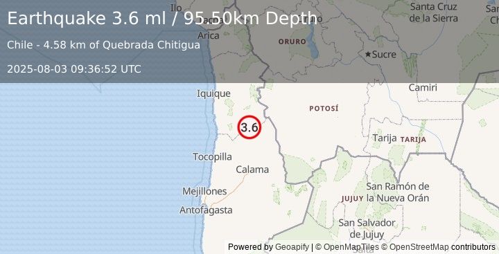 Earthquake TARAPACA, CHILE (3.6 ml) (2025-08-03 09:36:52 UTC)