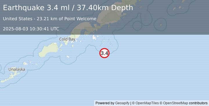 Earthquake SOUTH OF ALASKA (3.4 ml) (2025-08-03 10:30:41 UTC)