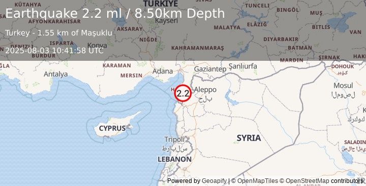 Earthquake TURKEY-SYRIA BORDER REGION (2.2 ml) (2025-08-03 10:41:59 UTC)