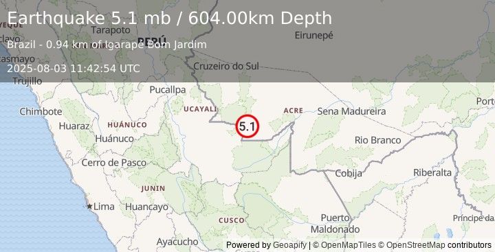 Earthquake PERU-BRAZIL BORDER REGION (5.0 mb) (2025-08-03 11:42:52 UTC)