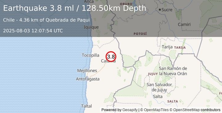 Earthquake ANTOFAGASTA, CHILE (3.8 ml) (2025-08-03 12:07:54 UTC)