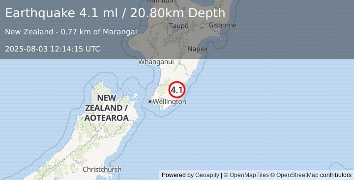 Earthquake NORTH ISLAND OF NEW ZEALAND (4.1 ml) (2025-08-03 12:14:15 UTC)