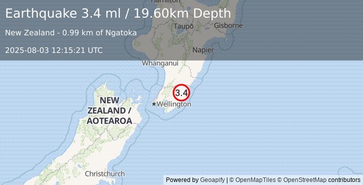 Earthquake NORTH ISLAND OF NEW ZEALAND (3.4 ml) (2025-08-03 12:15:21 UTC)