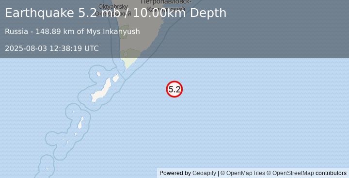 Earthquake EAST OF KURIL ISLANDS (5.2 mb) (2025-08-03 12:38:18 UTC)