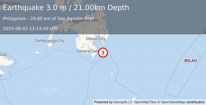 Earthquake MINDANAO, PHILIPPINES (3.0 m) (2025-08-03 13:14:50 UTC)