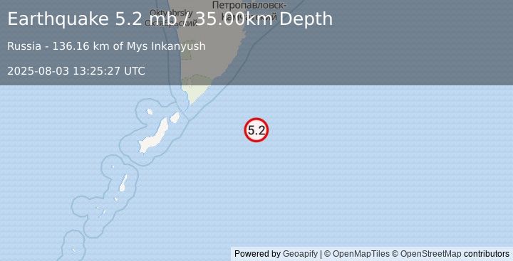 Earthquake EAST OF KURIL ISLANDS (5.2 mb) (2025-08-03 13:25:27 UTC)