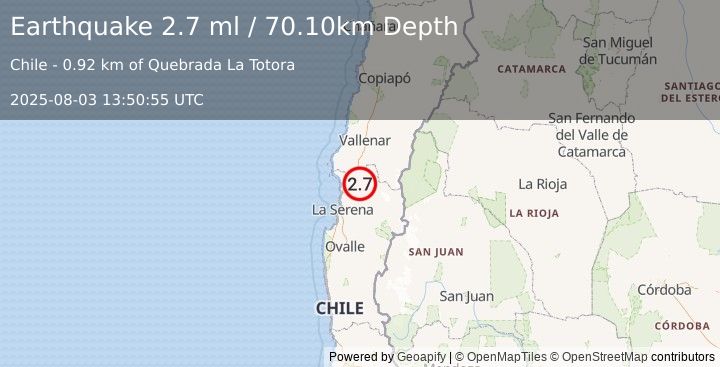 Earthquake COQUIMBO, CHILE (2.7 ml) (2025-08-03 13:50:55 UTC)