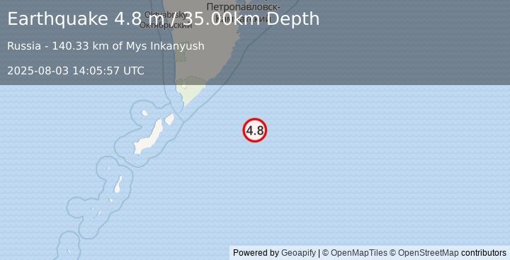 Earthquake EAST OF KURIL ISLANDS (4.8 m) (2025-08-03 14:05:57 UTC)