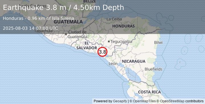 Earthquake GOLFO DE FONSECA, HONDURAS (3.8 m) (2025-08-03 14:07:00 UTC)