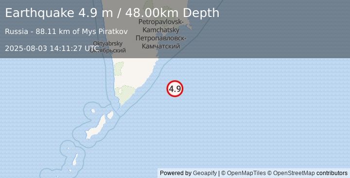 Earthquake OFF EAST COAST OF KAMCHATKA (5.0 mb) (2025-08-03 14:11:21 UTC)