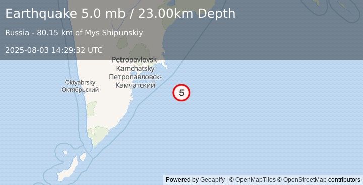 Earthquake OFF EAST COAST OF KAMCHATKA (5.2 mb) (2025-08-03 14:29:33 UTC)