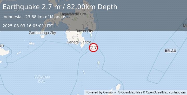 Earthquake MINDANAO, PHILIPPINES (2.7 m) (2025-08-03 16:05:01 UTC)