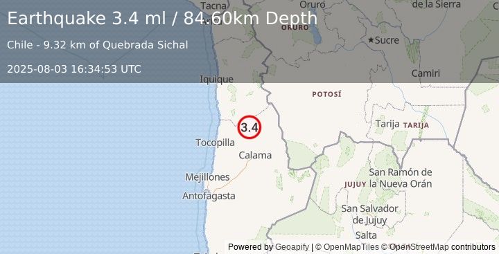 Earthquake ANTOFAGASTA, CHILE (3.4 ml) (2025-08-03 16:34:53 UTC)