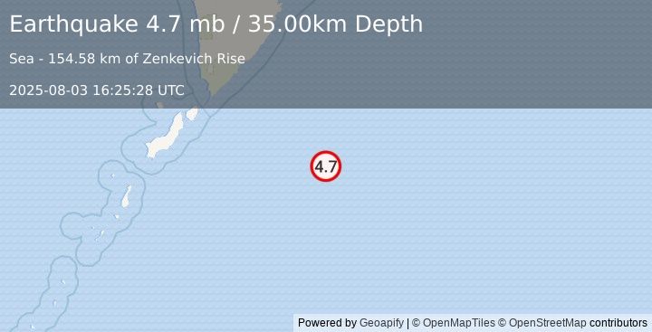 Earthquake EAST OF KURIL ISLANDS (4.7 mb) (2025-08-03 16:25:28 UTC)