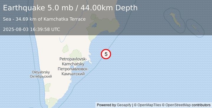 Earthquake OFF EAST COAST OF KAMCHATKA (4.6 mb) (2025-08-03 16:39:55 UTC)
