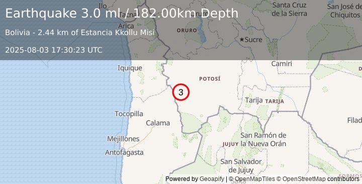 Earthquake POTOSI, BOLIVIA (3.0 ml) (2025-08-03 17:30:23 UTC)