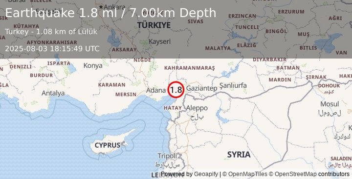 Earthquake CENTRAL TURKEY (1.8 ml) (2025-08-03 18:15:49 UTC)