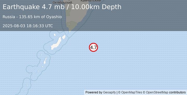 Earthquake EAST OF KURIL ISLANDS (4.7 mb) (2025-08-03 18:16:33 UTC)