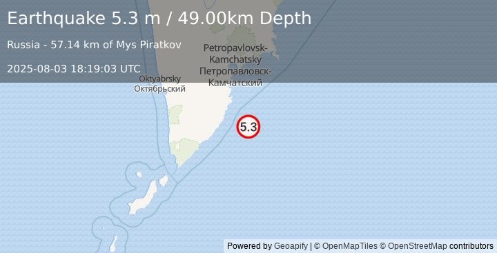 Earthquake OFF EAST COAST OF KAMCHATKA (5.3 m) (2025-08-03 18:19:03 UTC)