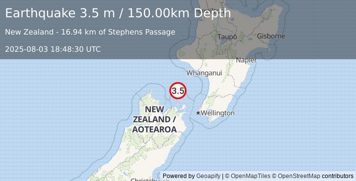 Earthquake COOK STRAIT, NEW ZEALAND (3.5 m) (2025-08-03 18:48:30 UTC)