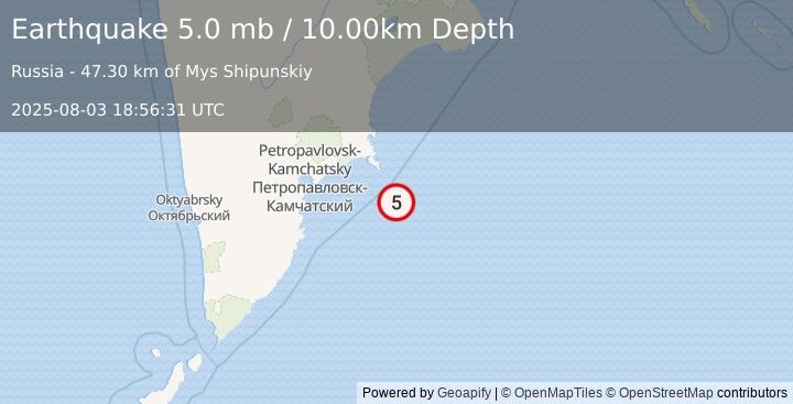 Earthquake OFF EAST COAST OF KAMCHATKA (5.0 mb) (2025-08-03 18:56:29 UTC)