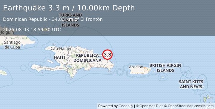 Earthquake DOMINICAN REPUBLIC REGION (3.3 m) (2025-08-03 18:59:30 UTC)