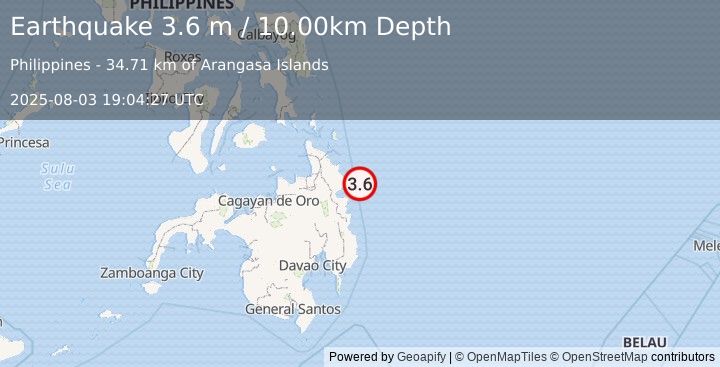 Earthquake MINDANAO, PHILIPPINES (3.6 m) (2025-08-03 19:04:27 UTC)