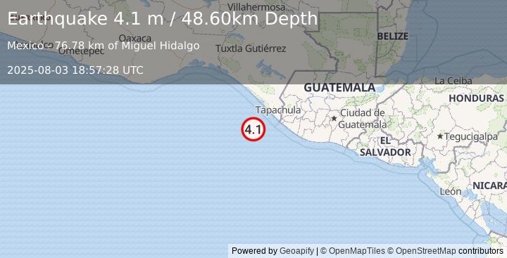 Earthquake OFFSHORE CHIAPAS, MEXICO (4.1 m) (2025-08-03 18:57:28 UTC)